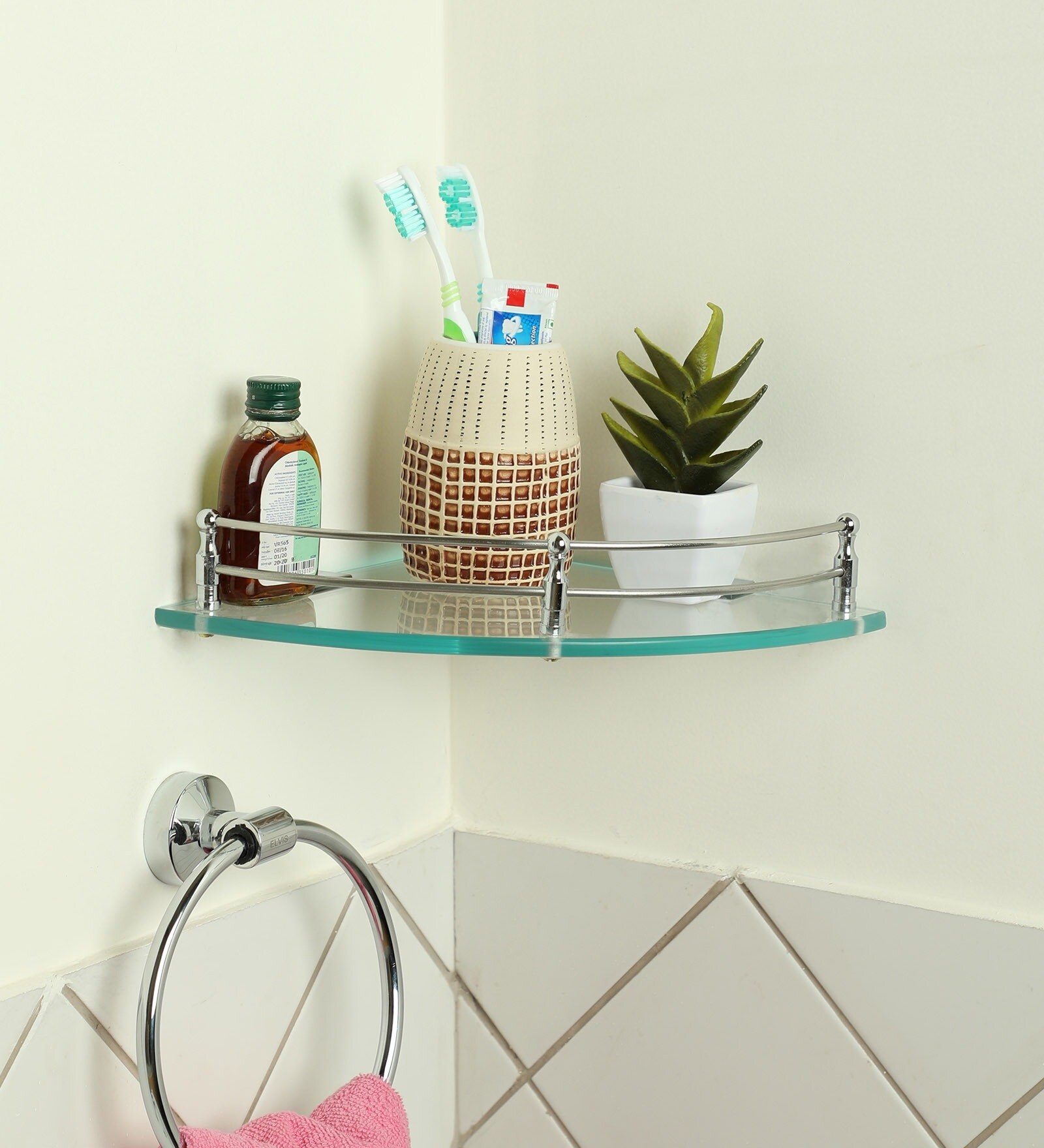 Buy Glass Corner Bathroom Shelf In Transparent (L 9, W 9, H 0.8
