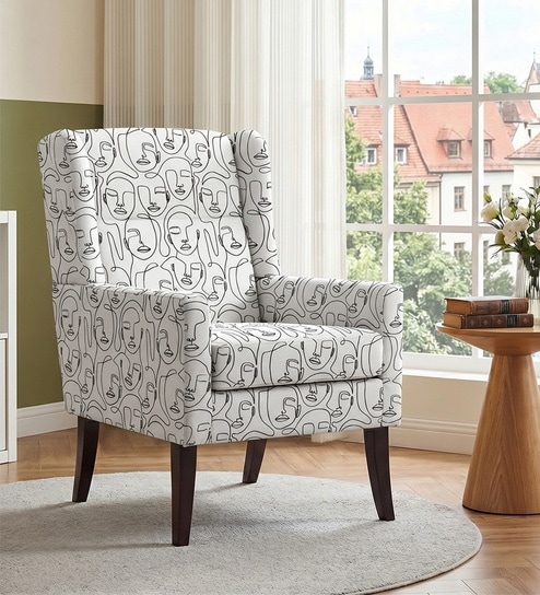 Joan Walnut Finish Printed Human Canvas Arm Chair In White Colour