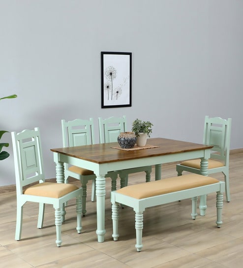 Joaquin Mango Wood 6 Seater Dining Set In Canary Green Finish With Bench