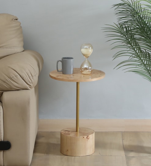 Jolanta Oak Burl Veneer & Metal Small Round End Table in Natural finish