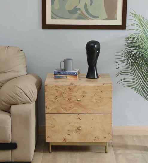 Jolanta Oak Burl Veneer 2 Drawers Side Table in Natural finish