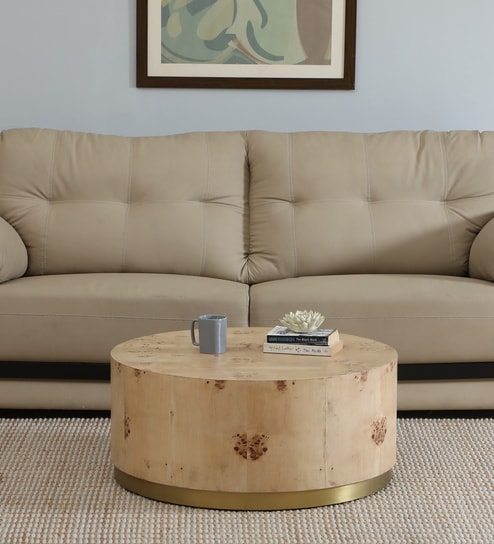 Jolanta Oak Burl Veneer Round Drum Coffee Table in Natural finish 
