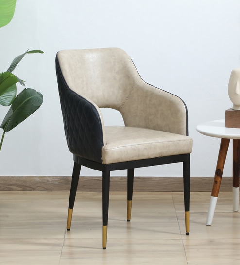 Jordi Arm Chair In Cream And Dark Grey Leatherette With Black Powder Coated Base