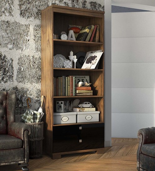 Buy Jose Book Shelf With Two Drawers In Matte Brown Glossy Black
