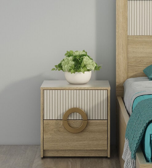 Jovana Bedside Table In Santano Oak & Bamboo Flute Colour In Melamine Finish
