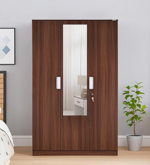 Joyce 3 Door Wardrobe With Mirror & Locker in Classic Walnut Finish