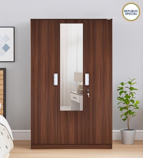 Joyce 3 Door Wardrobe With Mirror & Locker in Classic Walnut Finish