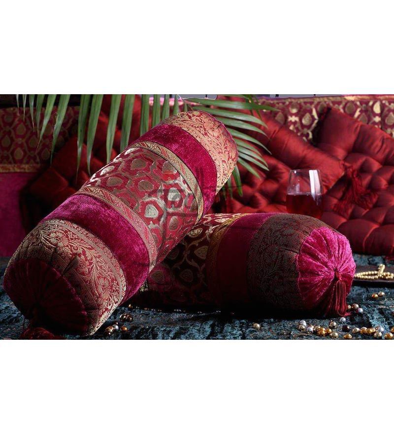 Buy Jodhaa Bolster In Velvet With Brocade Red & Gold Online Bolster
