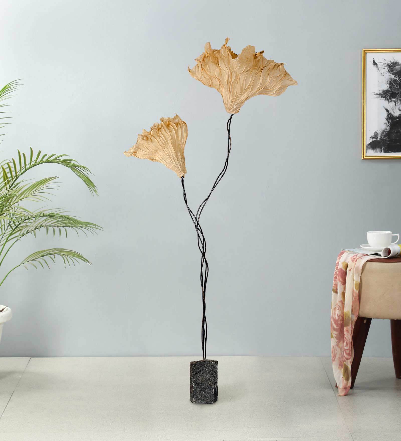 Gingko Gold Banana Fibre Paper Shade Floor Lamp With Grey Base