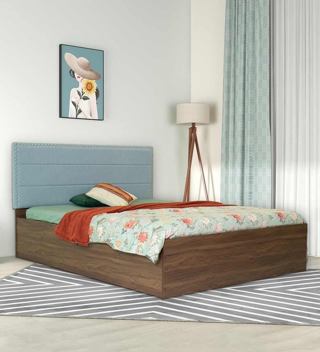 Buy Jun Queen Size Upholstered Bed in Blue & Walnut Colour With Box