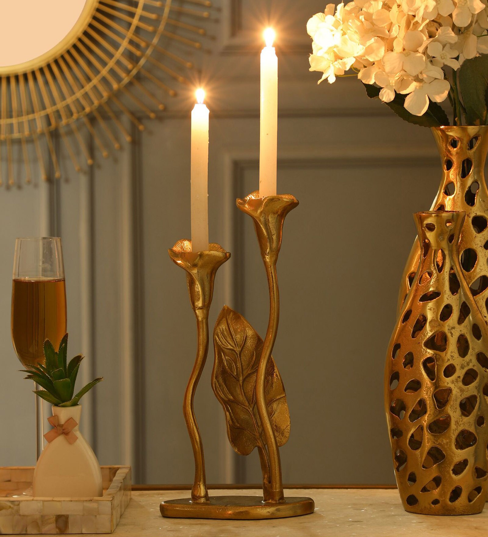 Jules Double Gold Aluminium Candle Holder