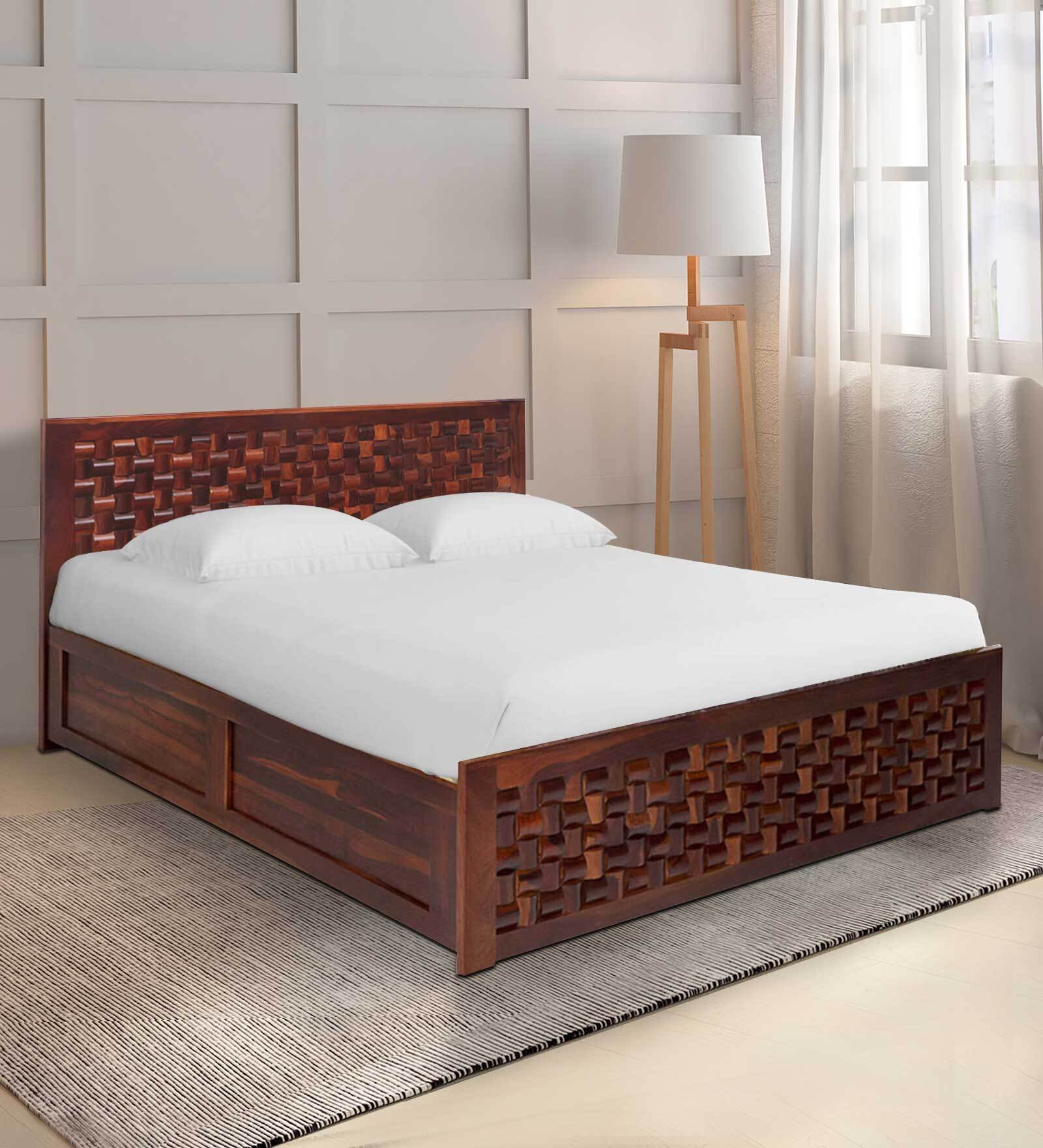 Julieta Sheesham Wood King Size Bed in Honey Finish with Hydraulic Storage