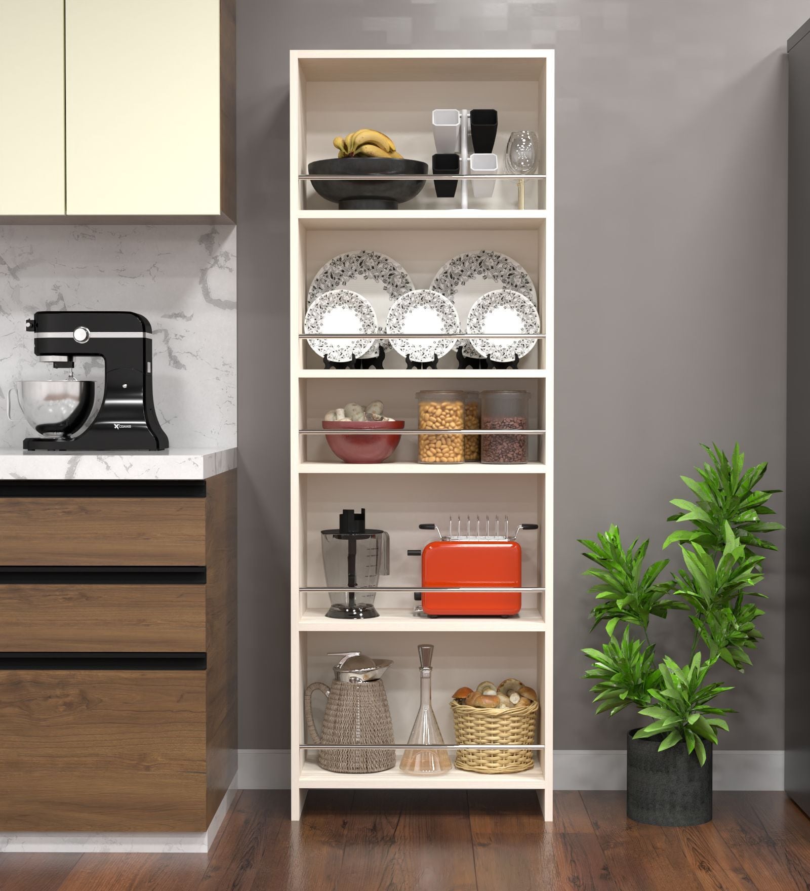 Julius Free Standing Tall units with 5 Open Shelves in Highland Pine Finish