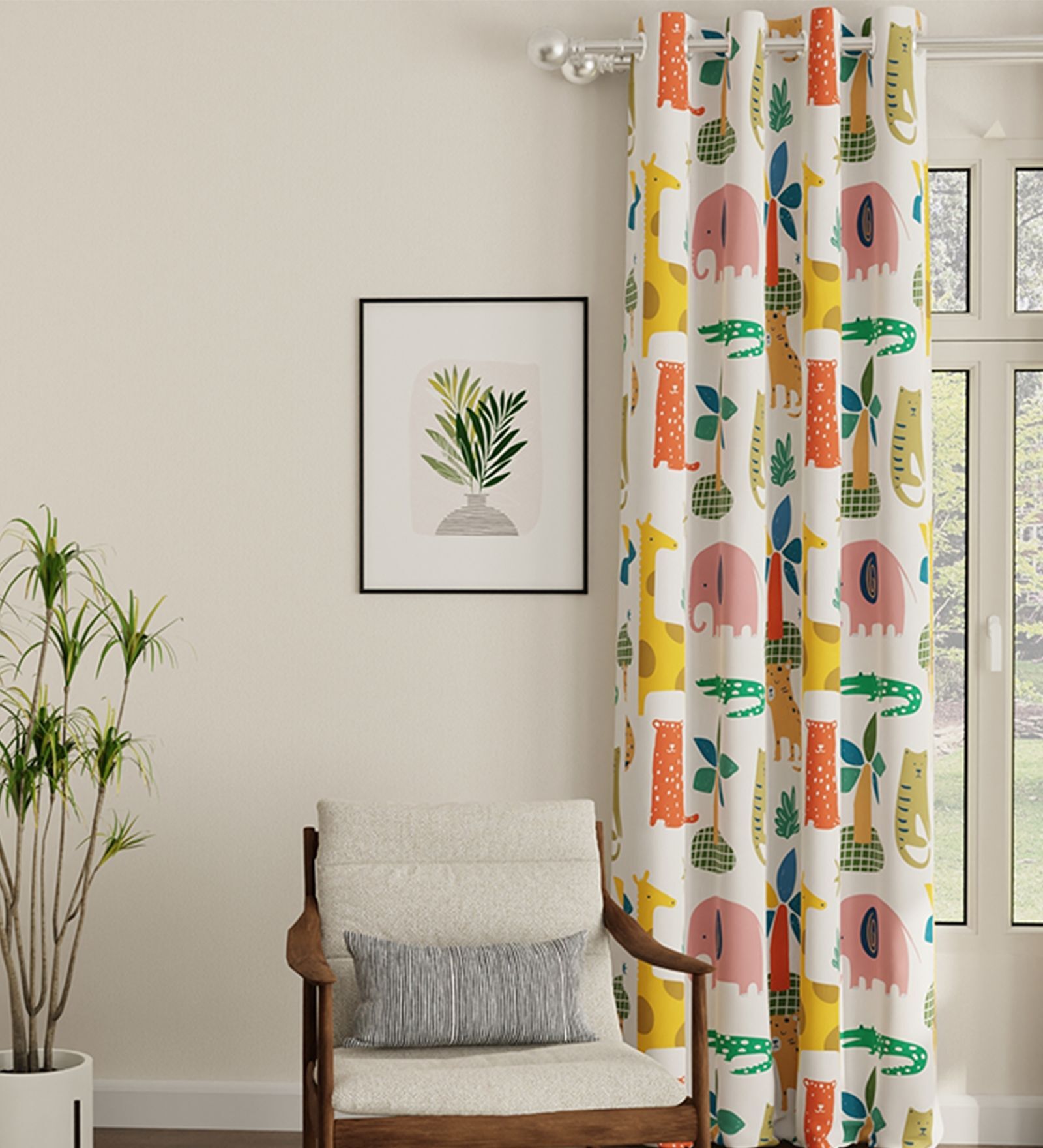 Jungle Safari Buttercream Printed Polyester Curtains for Door Pack of 2