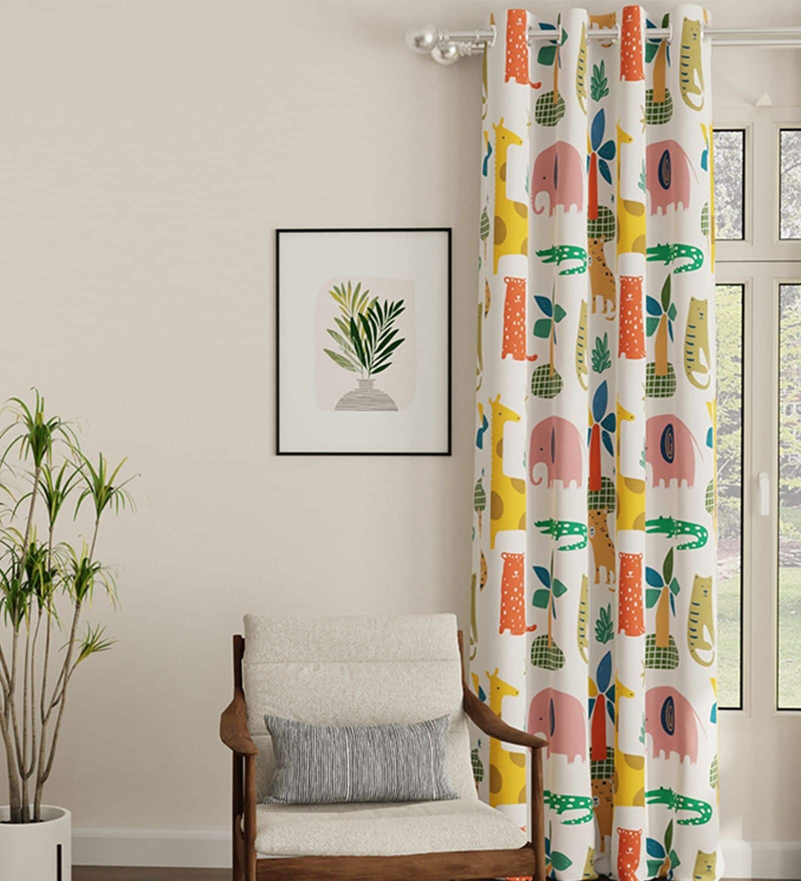 Jungle Safari Buttercream Printed Polyester Curtains for Long Door Pack of 2