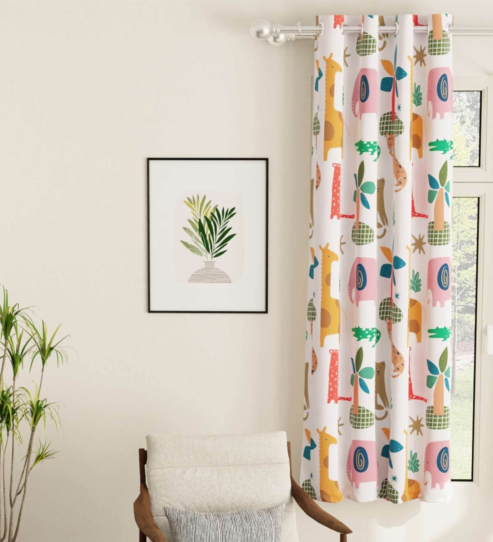 Jungle Safari Buttercream Printed Polyester Curtains for Window Pack of 2