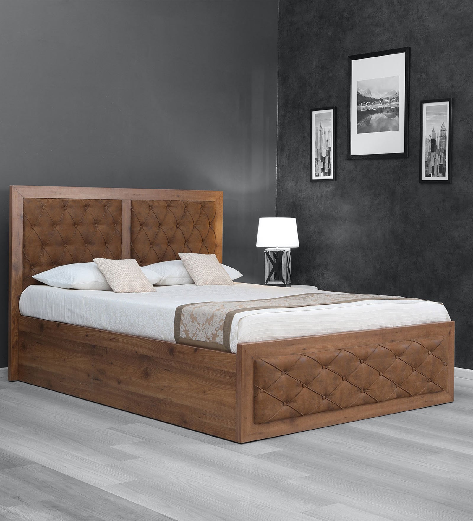 Justin Queen Size Bed with Storage in Knottywood Finish