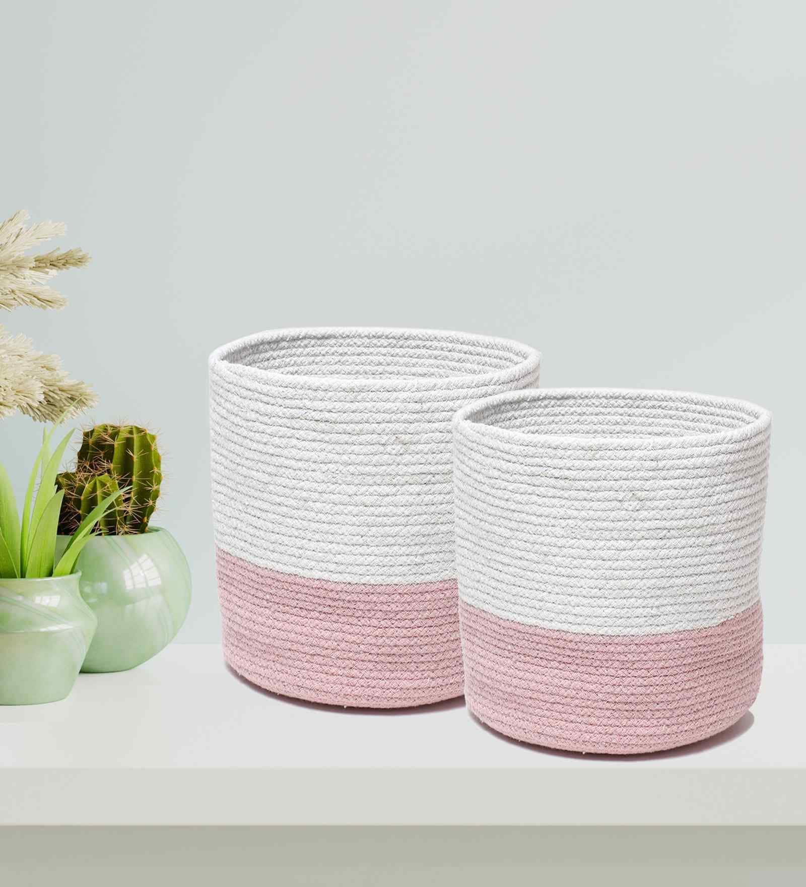 Set Of 2 Pink & White Jute Handwoven Multipurpose Planter & Storage Basket