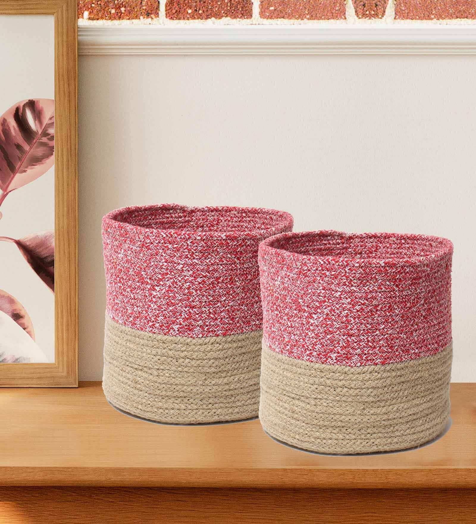 Set Of 2 Pink & Beige Jute Handwoven Multipurpose Planter & Storage Basket