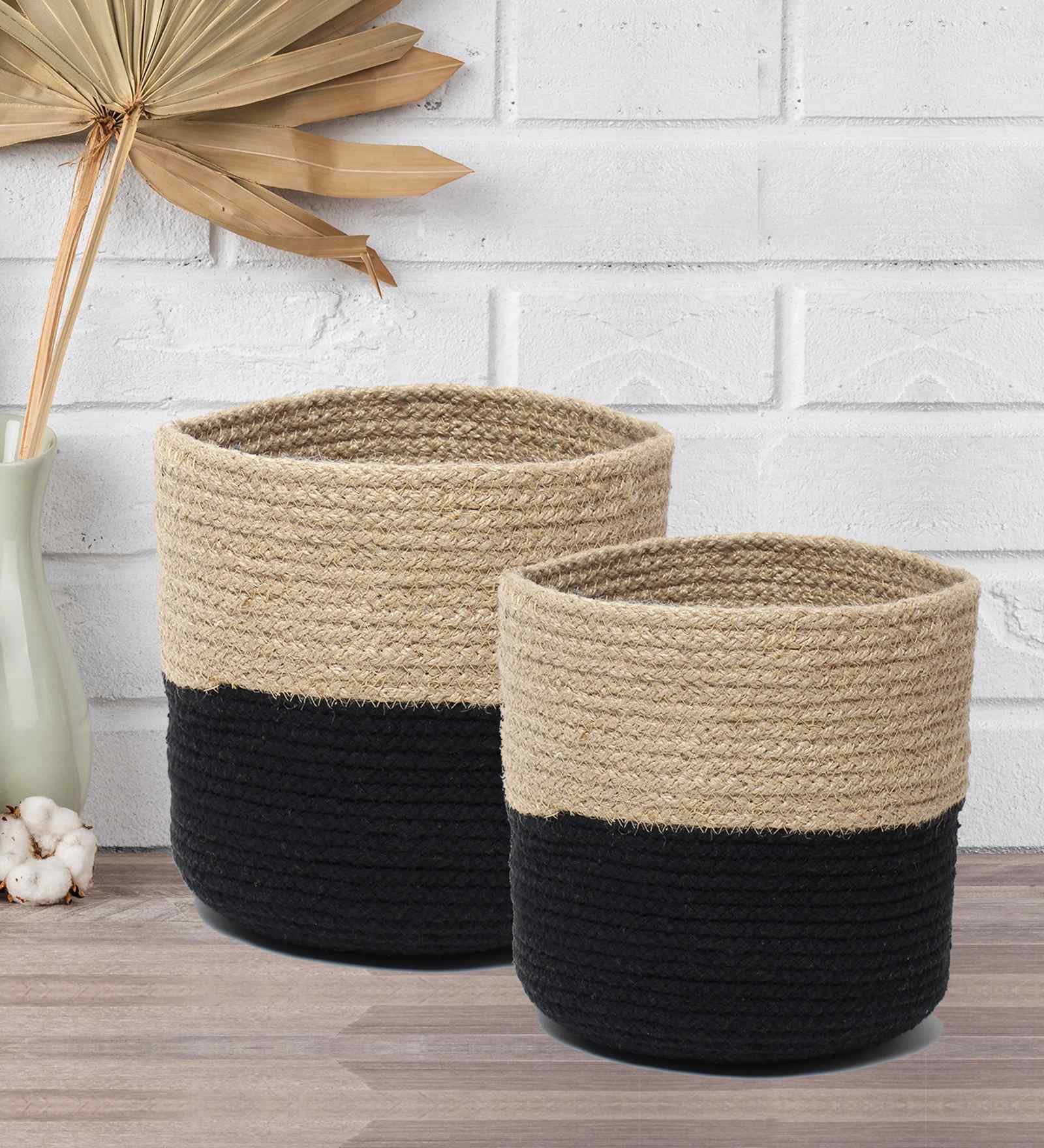 Set Of 2 Black & Beige Jute Handwoven Multipurpose Planter & Storage Basket