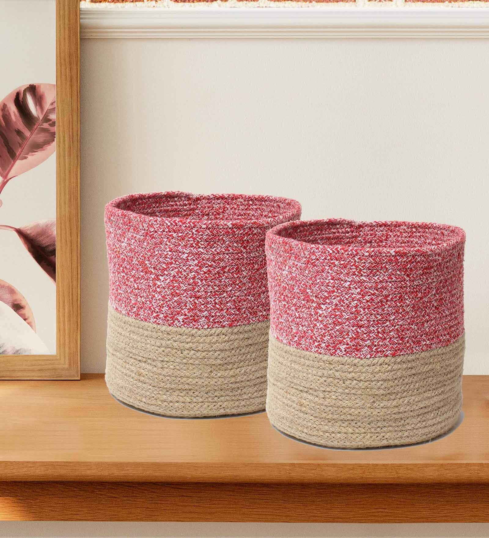 Set Of 2 Pink & Beige Jute Handwoven Multipurpose Planter & Storage Basket
