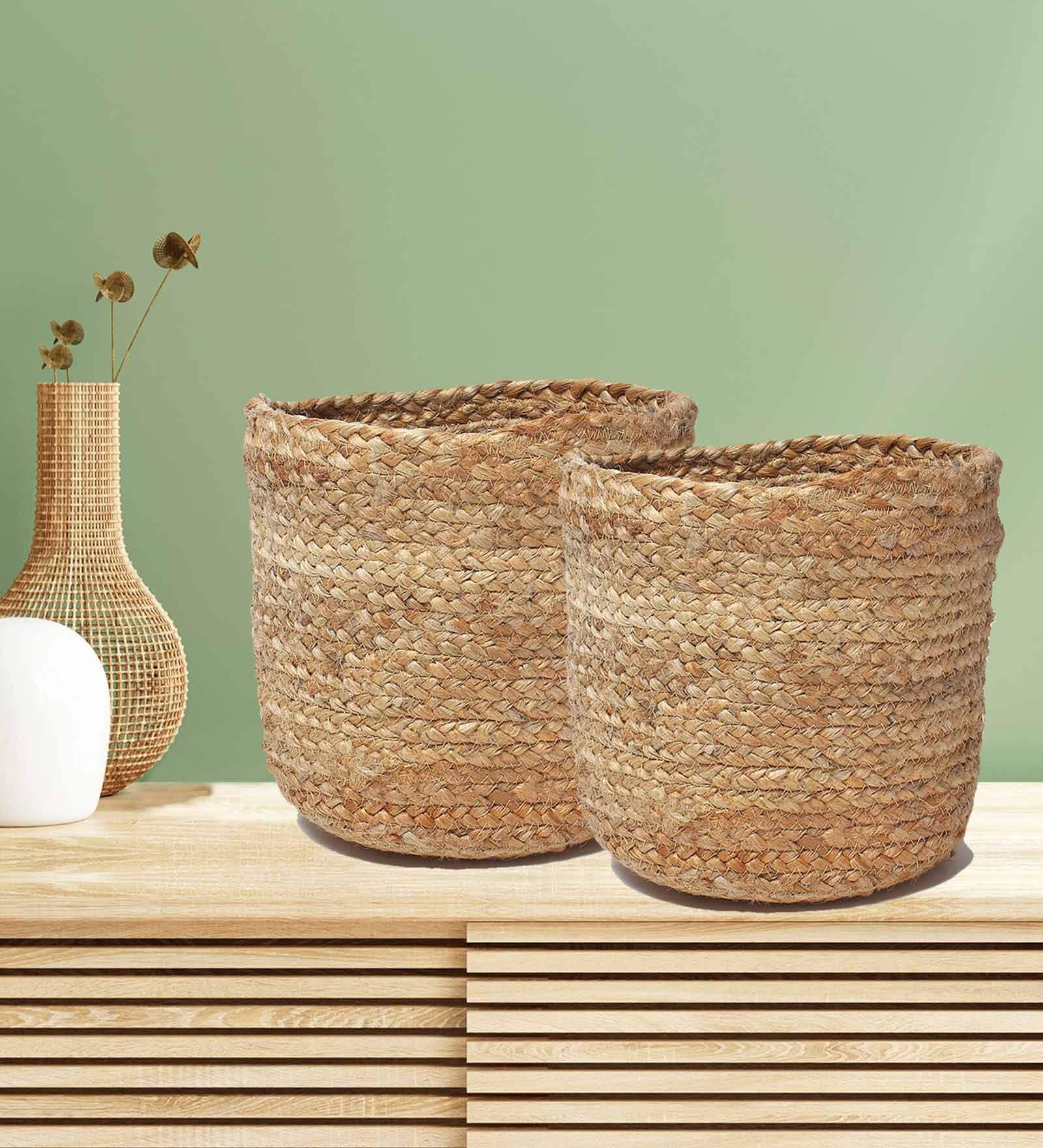 Set Of 2 Beige Jute Handwoven Multipurpose Planter & Storage Basket