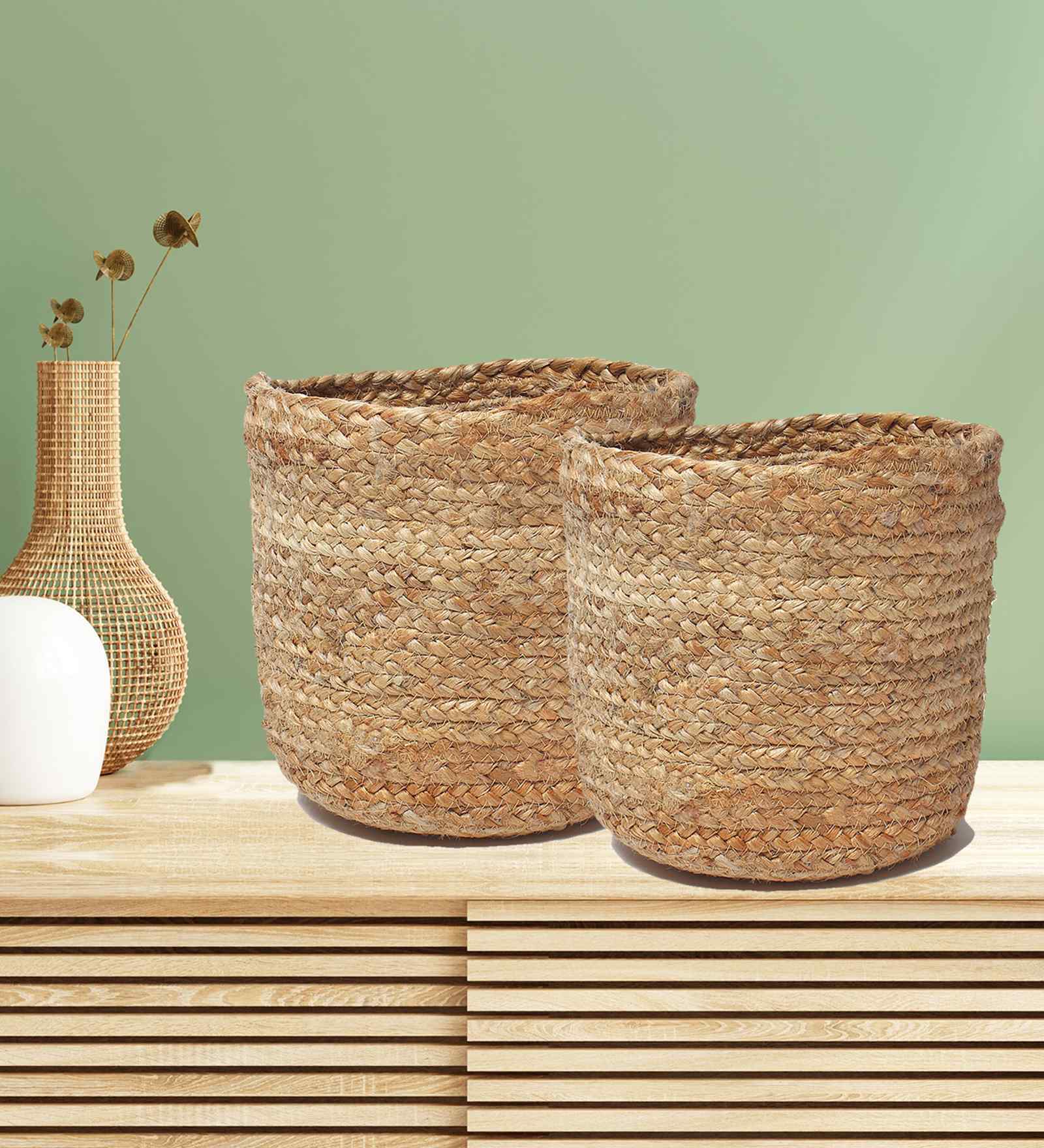 Set Of 2 Beige Jute Handwoven Multipurpose Planter & Storage Basket