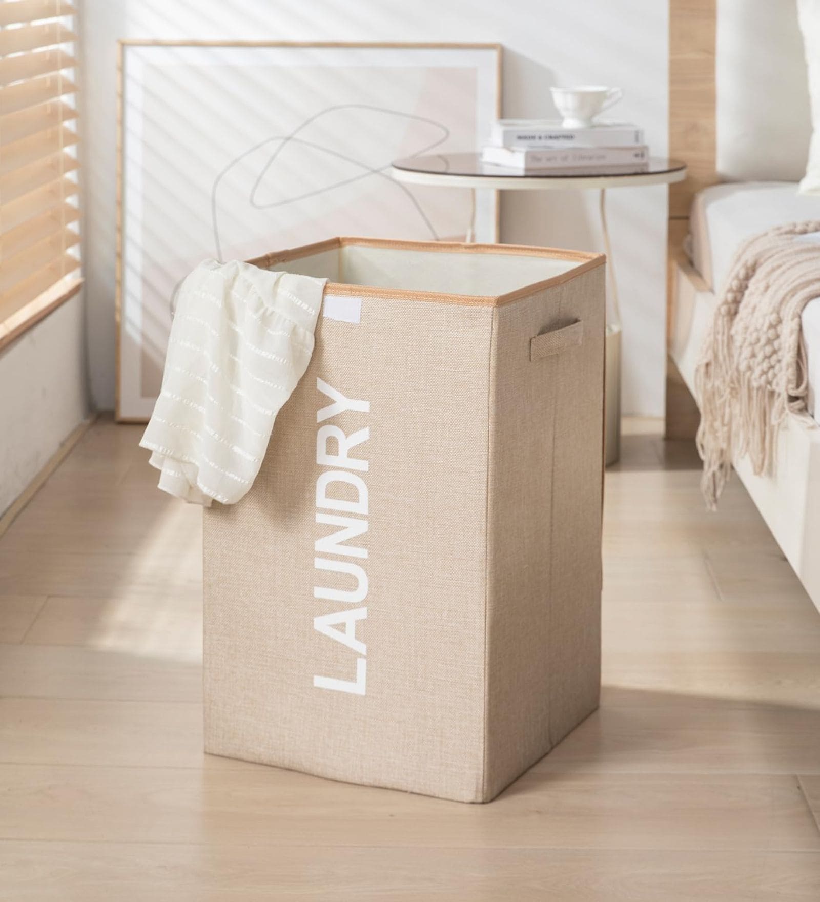 Beige Jute Foldable Laundry Basket For Clothes With Lid & Handle