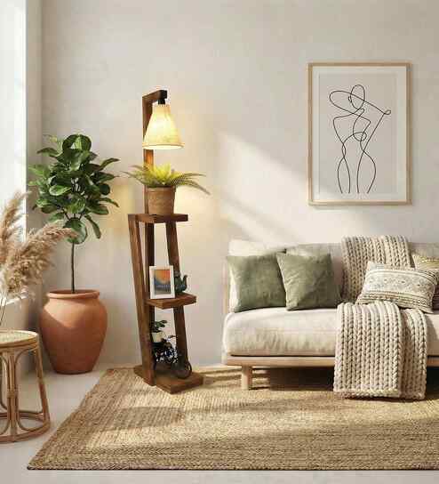 Julia Wooden Shelf Floor Lamp with Wooden Shade & Brown Base