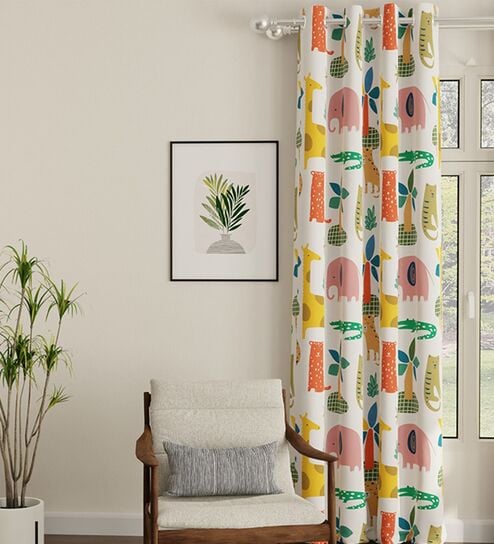 Jungle Safari Buttercream Printed Polyester Curtains for Door Pack of 2