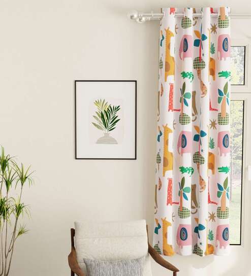 Jungle Safari Buttercream Printed Polyester Curtains for Window Pack of 2