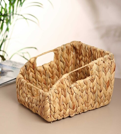 (1Pc) Beige Water Hyacinth Handmade Storage Basket & Wardrobe Organiser