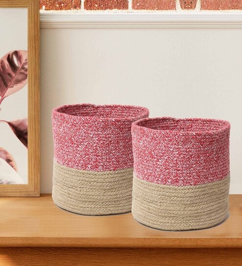 Set Of 2 Pink & Beige Jute Handwoven Multipurpose Planter & Storage Basket