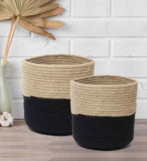 Set Of 2 Black & Beige Jute Handwoven Multipurpose Planter & Storage Basket