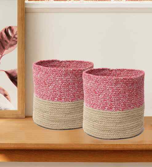 Set Of 2 Pink & Beige Jute Handwoven Multipurpose Planter & Storage Basket