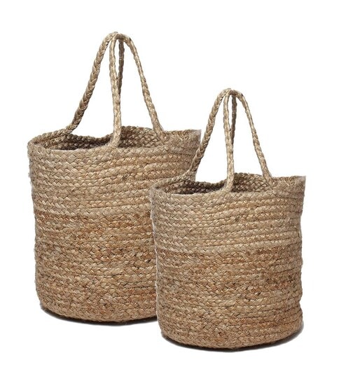 Set Of 2 Beige Jute Handwoven Multipurpose Planter & Storage Basket