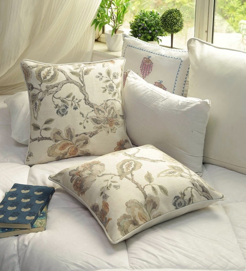 Cream Floral Jute 16 x 16 Inches Cushion Covers (Set of 2)