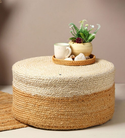 Jute Pouffe In White & Beige Colour