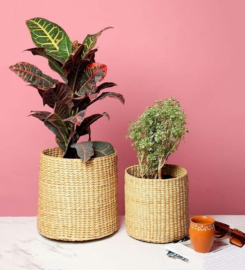 Set Of 2 Beige Kouna Grass Handwoven Multipurpose Planter & Storage Basket