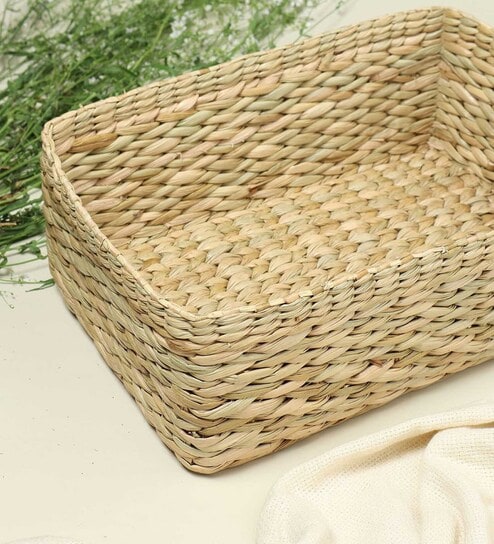 (1Pc) Beige Straw Rectangular Storage Basket & Wardrobe Organiser - 2Xl