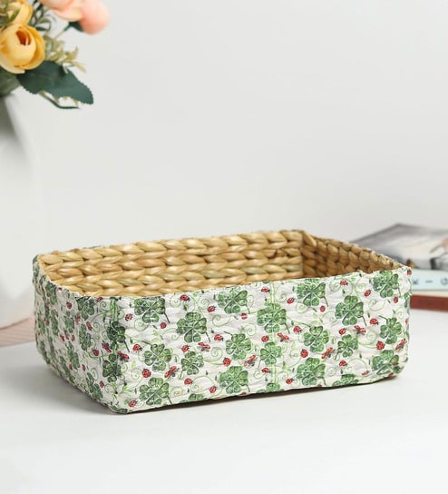 (1Pc) Multicolor Straw Rectangular Storage Basket & Wardrobe Organiser - Small