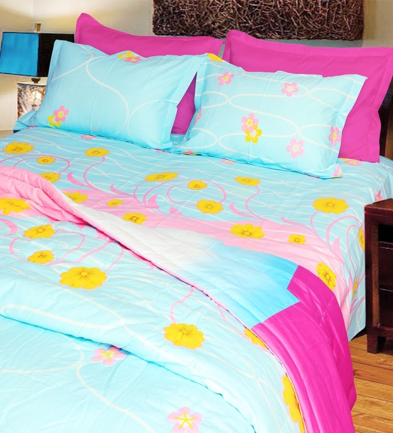 Buy Just Linen Floral Double Bedsheet Set Sky Blue And Fuschia