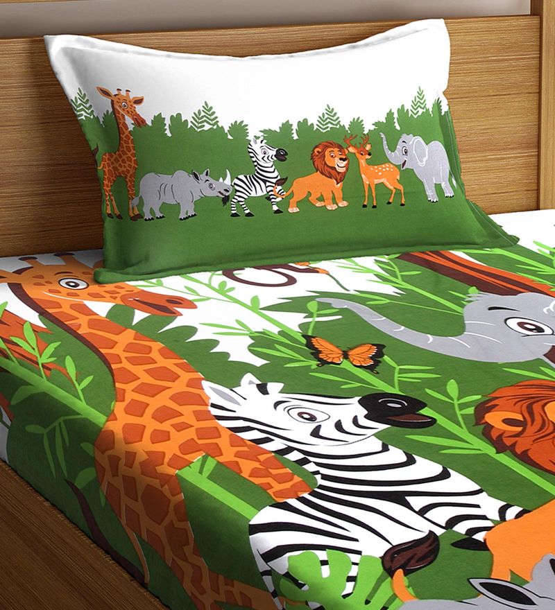 Buy Jungle Print Single Bedsheet with 1 Pillow Cover in Multicolour By ...