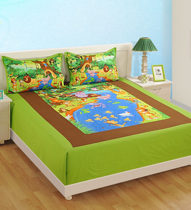 Buy Jungle Themed Double Bed Sheet with 2 Pillow Covers in Green Colour