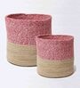 Set Of 2 Pink & Beige Jute Handwoven Multipurpose Planter & Storage Basket