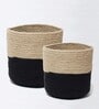Set Of 2 Black & Beige Jute Handwoven Multipurpose Planter & Storage Basket