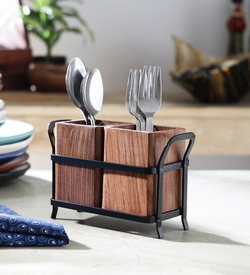 Buy Wood Iron Cutlery Holder Set Of 2 By Jvs Online Cutlery