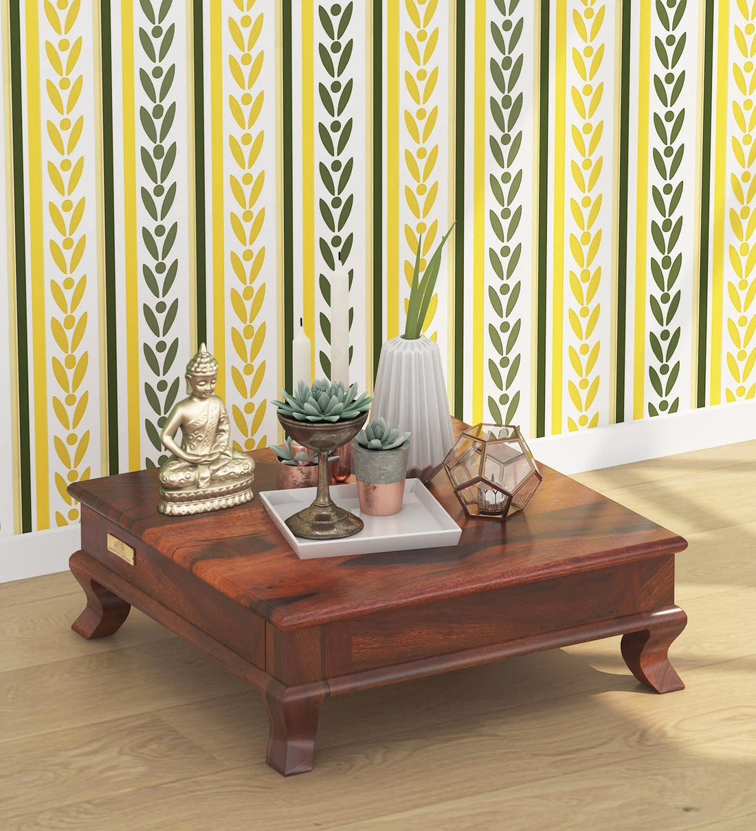 Buy Kalyan Solid Wood Pooja Chowki in Honey Oak Finish by Furniselan