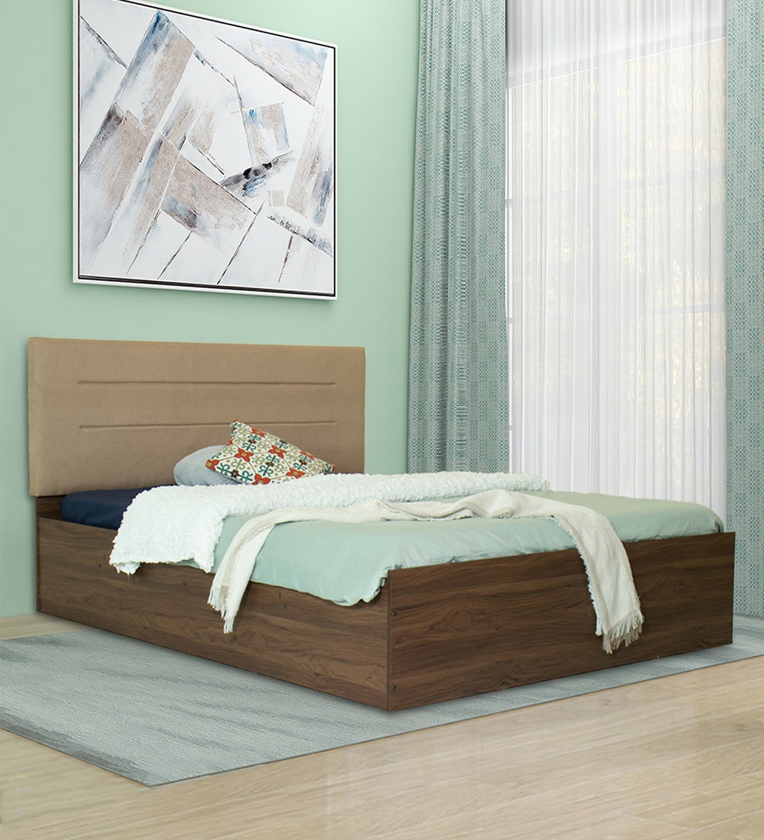 Buy Kazue Queen Size Upholstered Bed in Beige & Walnut Colour With Box
