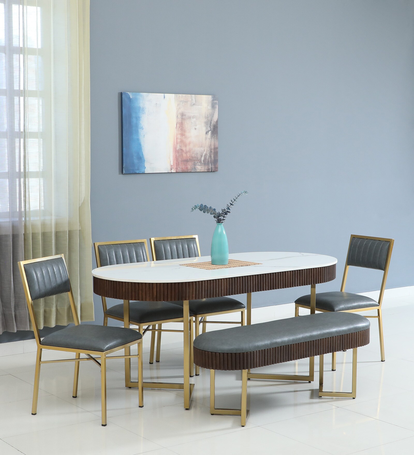 Kaffka Metal 6 Seater Dining Set In Brass Electroplating Finish With White Porcelain Top